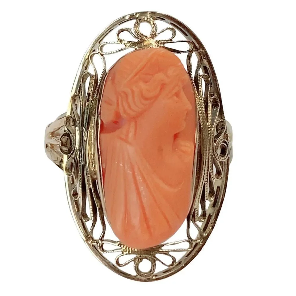 Antique Victorian Carved Cameo Ring 10k Yellow Gold Filigree Oval Sz 7.5 Vintage